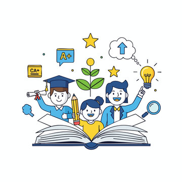 Three cartoon characters celebrating learning, growth, and bright ideas from an open book