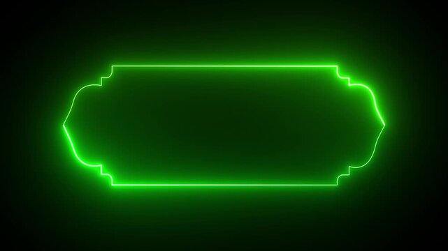 Glowing neon Islamic text frame icon animation on the black background. 4k video animation.