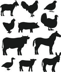 Farm animals collection vector illustration with silhouettes of cow horse pig sheep chicken and other animals