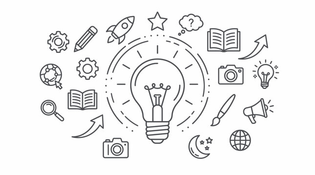 Light bulb with surrounding icons representing creativity, innovation, and learning ideas