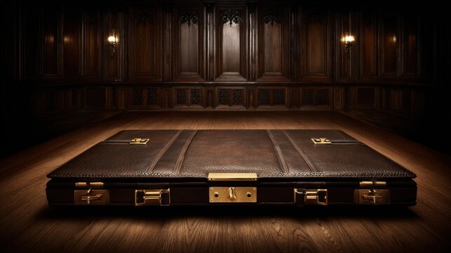A closed vintage mahogany leather briefcase with golden hardware rests on a polished wooden floor in a dark, ornate room.