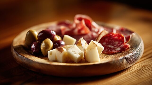 A delicious platter of colorful tapas featuring olives, cheese, and cured meats, perfect for sharing at any gathering.