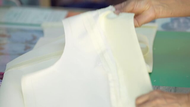 Clothing production process with hands sewing fabric in textile workshop. Garment manufacturing concept for fashion industry, apparel production, tailoring craft and small business workshop.