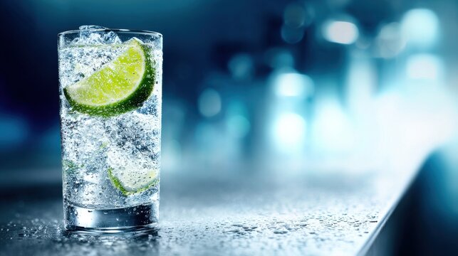 A tall glass of sparkling water with fresh lime and ice, adorned with condensation droplets, against a blurred blue background.