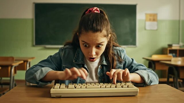 Surprised student girl typing fast on vintage keyboard in classroom