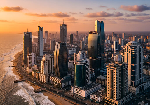 Lagos Nigeria Skyline with Atlantic Coast at Sunset