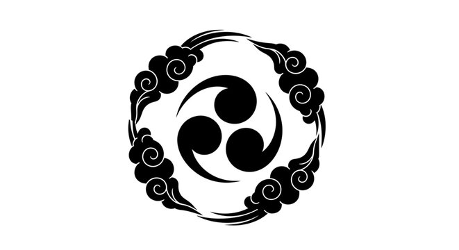 A black and white illustration of a Japanese kamon symbol surrounded by stylized clouds.