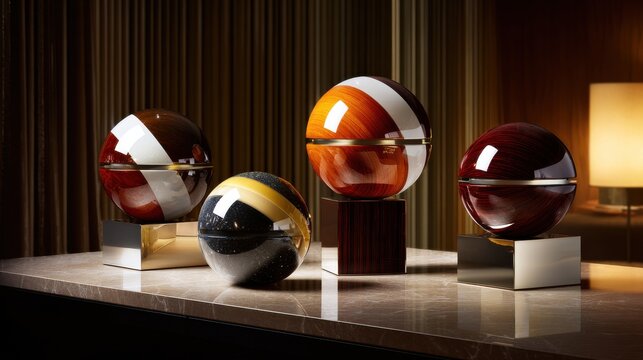 Collection of polished mahogany spheres with striking colored segments on a dark marble surface