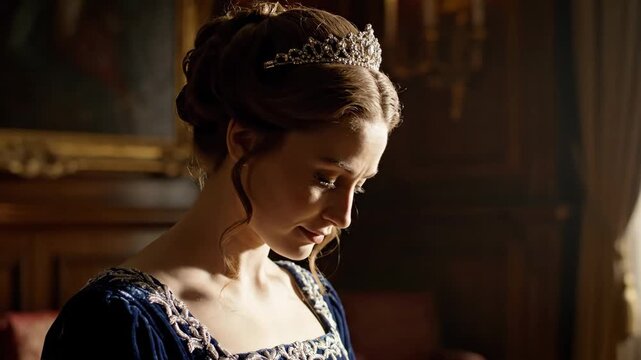 Elegant young woman in tiara and royal blue dress looking down thoughtfully