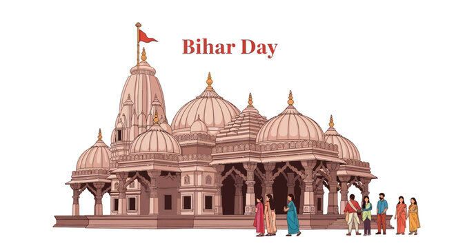 Illustration of a traditional Indian temple with people gathered outside celebrating Bihar Day, a cultural celebration in India.