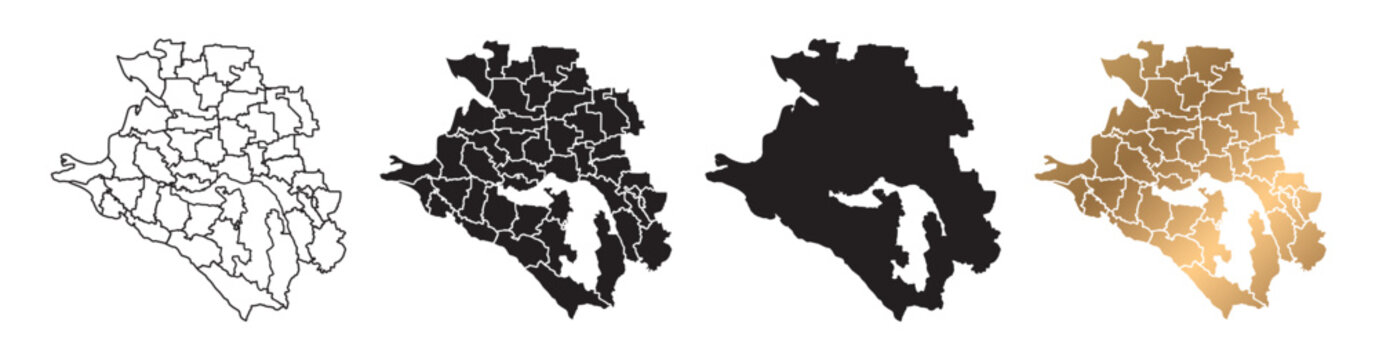 Vector illustration of Krasnodar krai, Rassia map icons in various styles, featuring black and gold colors. Design symbols.
