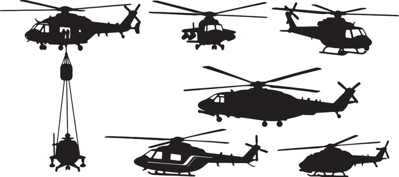 Assorted military helicopters in various operational silhouettes for visual reference