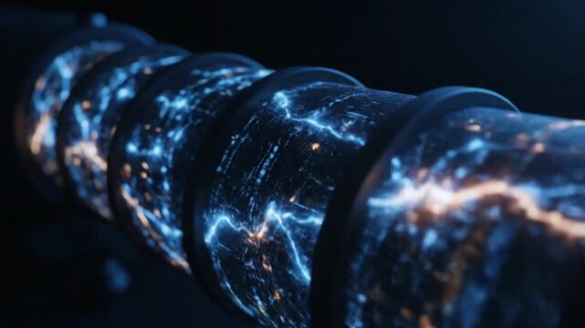 Dynamic visualization of high-speed data transmission through an advanced digital conduit, featuring glowing electrical energy and information flow