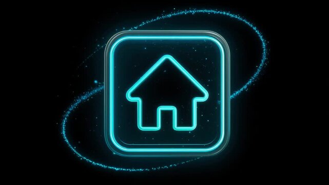 Neon home icon glowing digital technology button blue modern design house interface symbol navigation icon minimal user interface app button blue light futuristic effect