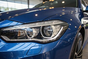 Fototapeta premium Blue car gleams under showroom lights
