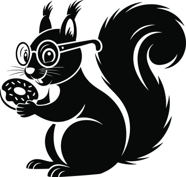 Cute cartoon squirrel wearing glasses eating a delicious donut monochrome vector mascot illustration for bakery cafe and fun snack branding