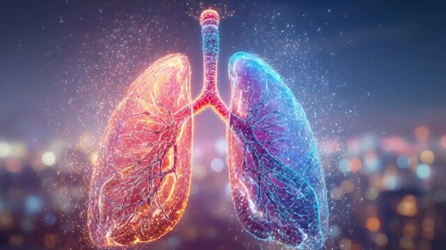 Digital depiction of the Lungs: A glowing digital representation of human lungs, highlighting the intricate structure and function, set against a blurred cityscape background, symbolizing breath.
