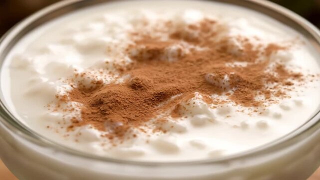 Close-up macro shot of creamy white rice pudding (Arroz con Leche) served in a glass dish and topped generously with powdered cinnamon spice.