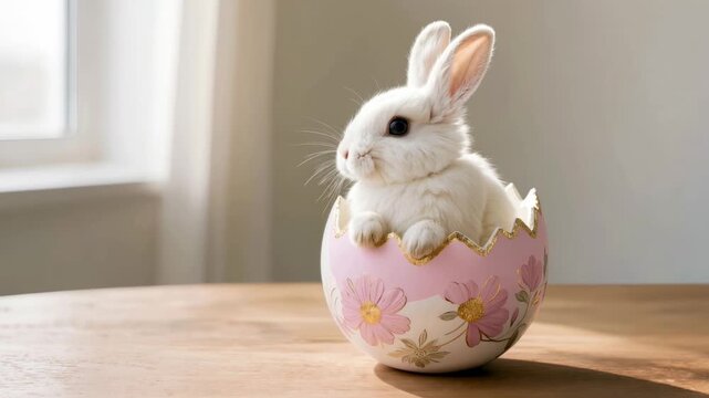 Adorable white rabbit sitting inside decorative pastel Easter egg shell with floral pattern on wooden table near window. Charming spring holiday scene.