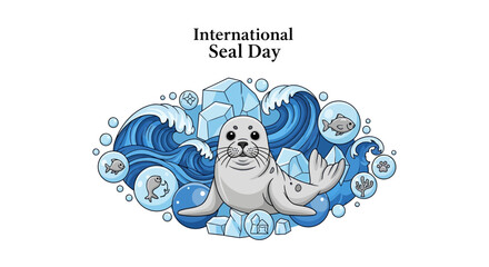 A cheerful seal illustration with a wave design, bubbles, and conservation icons on International Seal Day, promoting marine mammal conservation awareness with a calming blue and white © Royani
