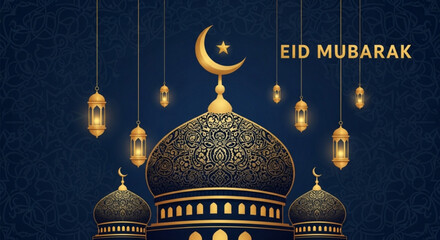 Eid mubarak celebration with golden mosque domes and lanterns on dark blue background © Zam zam