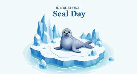 A gray seal lies on a melting ice floe surrounded by icebergs with a light blue background on International Seal Day to raise awareness for marine mammal conservation and seal conservation. © Royani