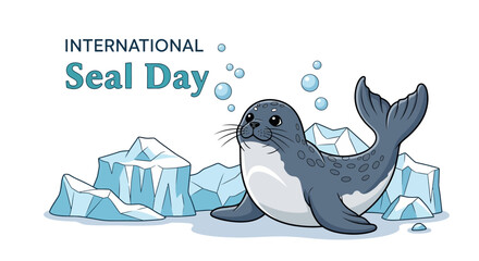 A cartoon seal surrounded by icebergs and bubbles on International Seal Day, promoting marine mammal conservation awareness with a playful design. © Royani
