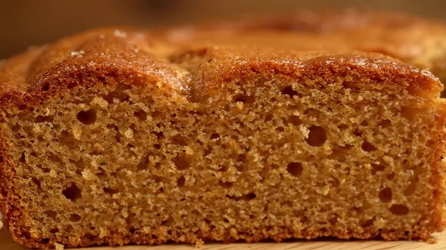 Macro close-up of freshly baked golden sponge cake or pound cake with a sugar glaze, showing the appetizing texture of the moist crumb and crust.