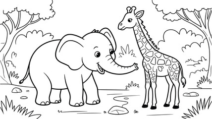 Fototapeta premium Cute Elephant and Giraffe Cartoon Animal Coloring Page for Kids