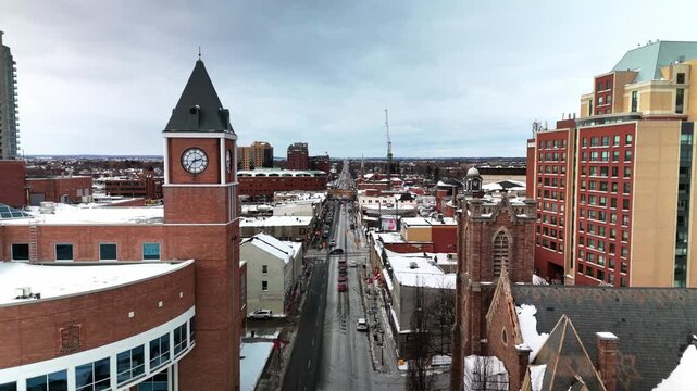 Brampton City Hall Clock Tower Downtown Brampton Ontario Canada Daytime Aerial Drone Shot.