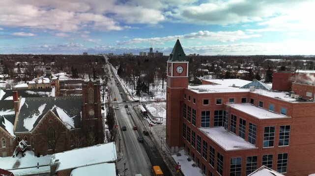 Brampton City Hall Clock Tower Downtown Brampton Ontario Canada Daytime Aerial Drone Panning Shot