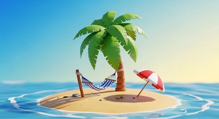 Obraz premium 3D render of a small tropical island featuring a palm tree with a hammock and a beach umbrella surrounded by calm blue ocean water