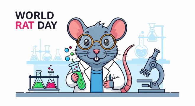 Cute cartoon mouse in lab coat holding test tube celebrating world rat day with science background