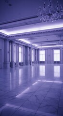 Naklejka premium Elegant empty ballroom with marble floors and crystal chandeliers