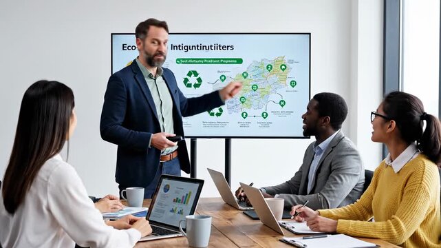 Business team discussing environmental sustainability strategy.