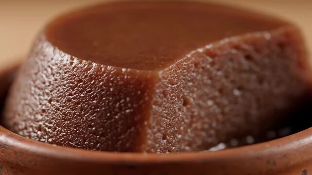Macro Shot of Traditional Dense Fruit Paste Dessert (Quince or Guava Paste) Served in a Rustic Terracotta Clay Bowl, Highlighting Glossy Texture and Rich Brown Color.