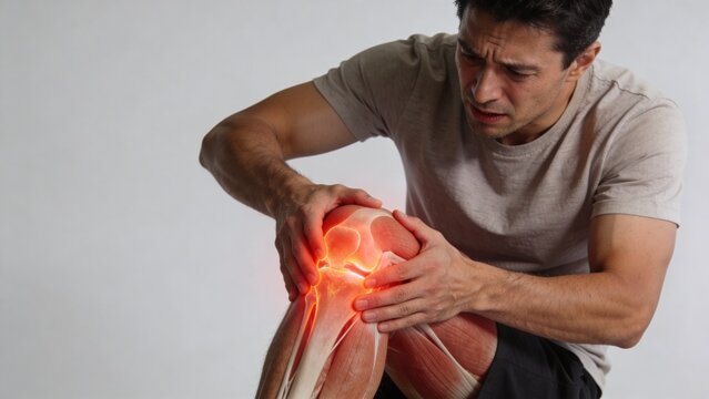 Man Suffering from Knee Pain with Anatomical Illustration of Inflamed Joint