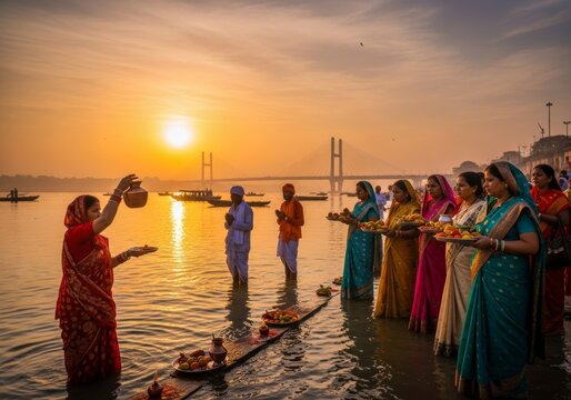 Indian woman performing Chhath Puja ritual in Ganges river at sunrise. Devotees holding fruit offering and water pot for worship. Traditional Hindu festival celebration in Varanasi city.