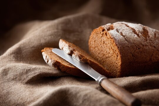 Brown bread loaf sliced on cutting board with bread knife rustic bakery scene