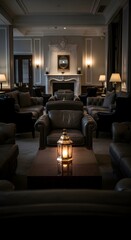 Naklejka premium Elegant hotel lounge interior with cozy leather armchairs and warm lantern lighting