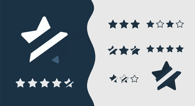 Minimalist vector illustration set of star rating icons for customer feedback and product reviews, featuring solid and outlined five-star ranking symbols on a dual-tone background.