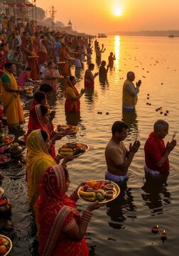 Woman and man praying during Chhath festival in river at sunrise. Indian devotee holding offering plate in Ganges water. Ritual ceremony, cultural heritage and religious worship concept.