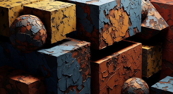 A vintage stack of old books rests against a rustic wall of timber logs and construction lumber near a brown wooden box in nature