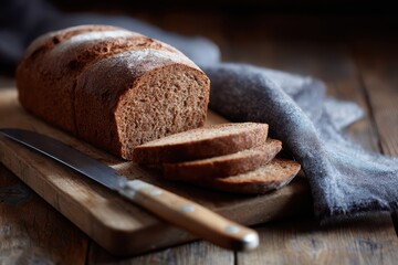 Brown bread loaf sliced on cutting board with bread knife rustic bakery scene