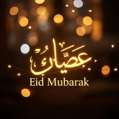 Naklejka premium Eid mubarak greeting card with arabic calligraphy and warm glowing lights