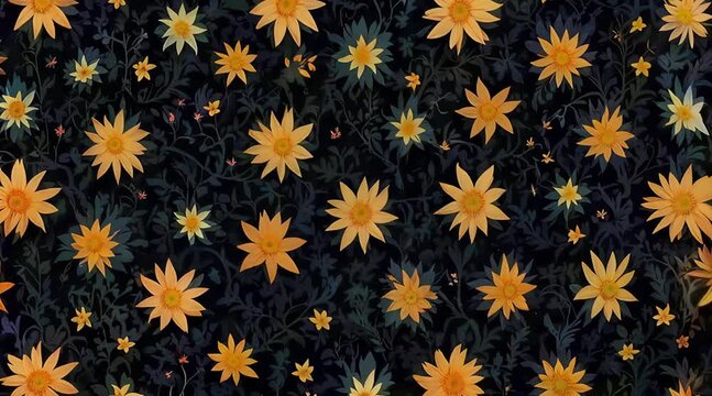 Pattern of yellow flowers floating on a dark background

