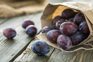 Obraz premium Plump, dark purple plums spill from a burlap sack