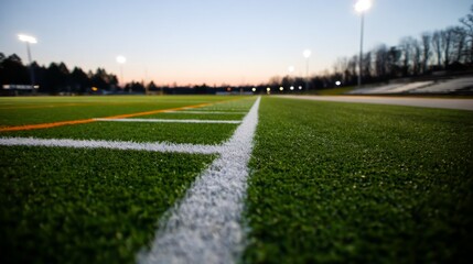 Naklejka premium turf. Empty soccer field with fresh green turf under soft stadium lighting, evoking a sense of anticipation. event key visuals. 