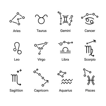 Zodiac signs and astrology symbols.