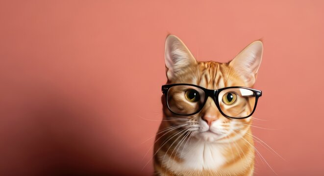 A curious orange cat wearing black glasses on a peach background